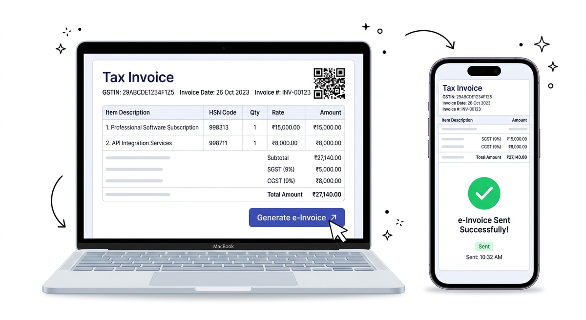 Creating a GST e-invoice in BikriBook on a laptop and sharing it from a phone